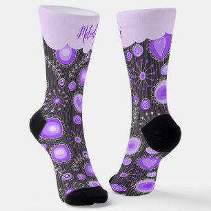 Whimsical purple grey heart and flower floral name socks