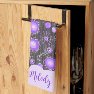 Whimsical purple grey heart and flower floral name tea towel