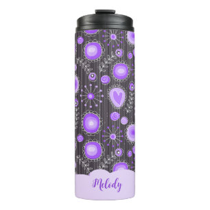 Whimsical purple grey heart and flower floral name thermal tumbler