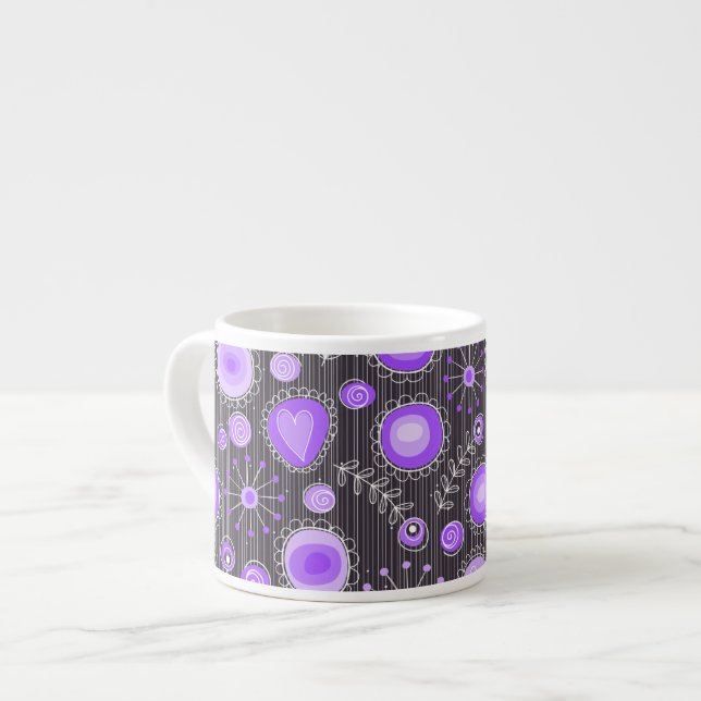 Whimsical purple grey hearts and flowers floral espresso cup (Front Left)