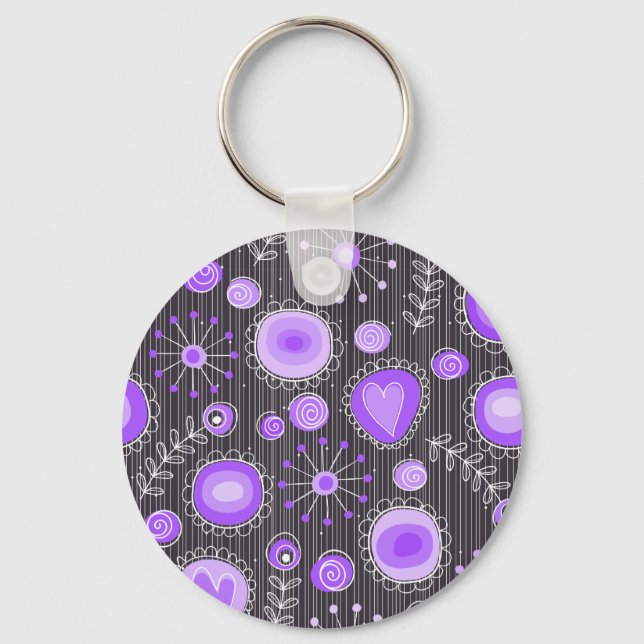 Whimsical purple grey hearts and flowers floral key ring (Front)