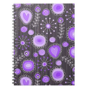 Whimsical purple grey hearts and flowers floral spiral notebook
