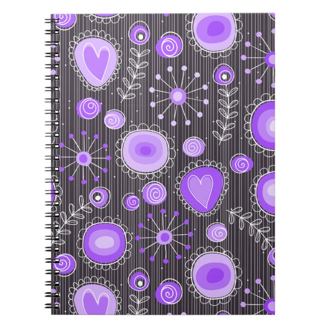 Whimsical purple grey hearts and flowers floral spiral notebook (Front)