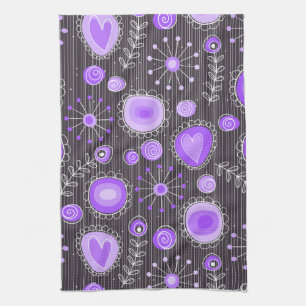Whimsical purple grey hearts and flowers floral tea towel