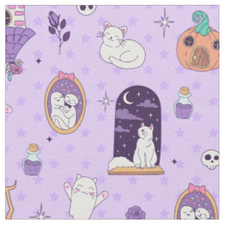 whimsical purple halloween spooky ghost creepy cat fabric