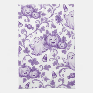 Whimsical Purple Halloween Toile Pattern Cute Kids Tea Towel