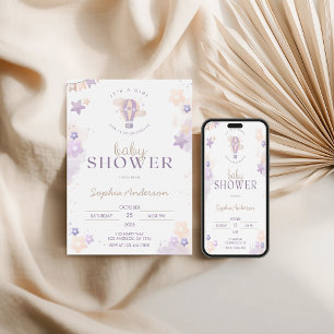 Whimsical Purple Hot Air Balloon Girl Baby Shower  Invitation