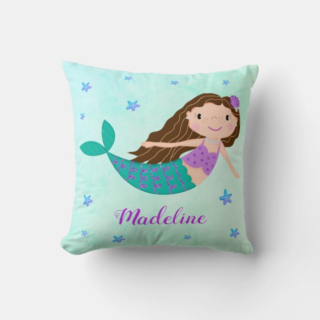 Whimsical Purple Mermaid Starfish Glitter Cushion (Front)