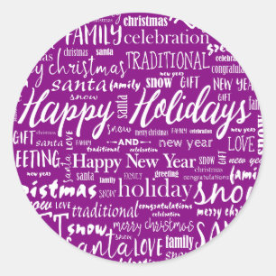 Whimsical Purple Merry Christmas Joyful Script Classic Round Sticker