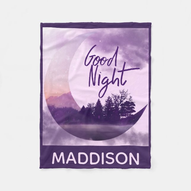Whimsical Purple Moon Art Personalised Fleece Blanket (Front)