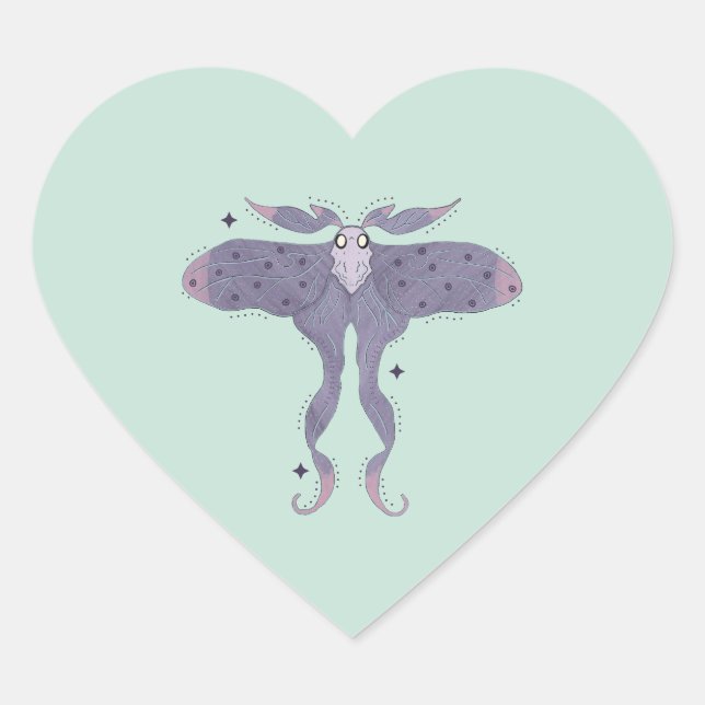 Whimsical Purple Moth with Star Sparkles Heart Sticker (Front)