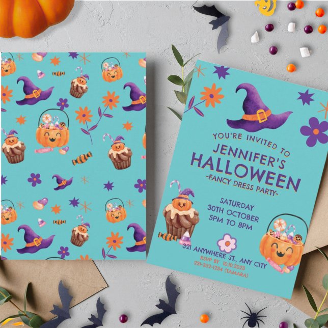 Whimsical Purple Orange Kids Halloween Party Invitation (Creator Uploaded)