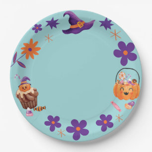 Whimsical Purple Orange Kids Halloween Party  Paper Plate