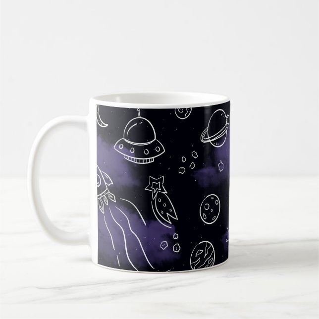 Whimsical Purple Outer Space Seamless Pattern Coffee Mug (Left)