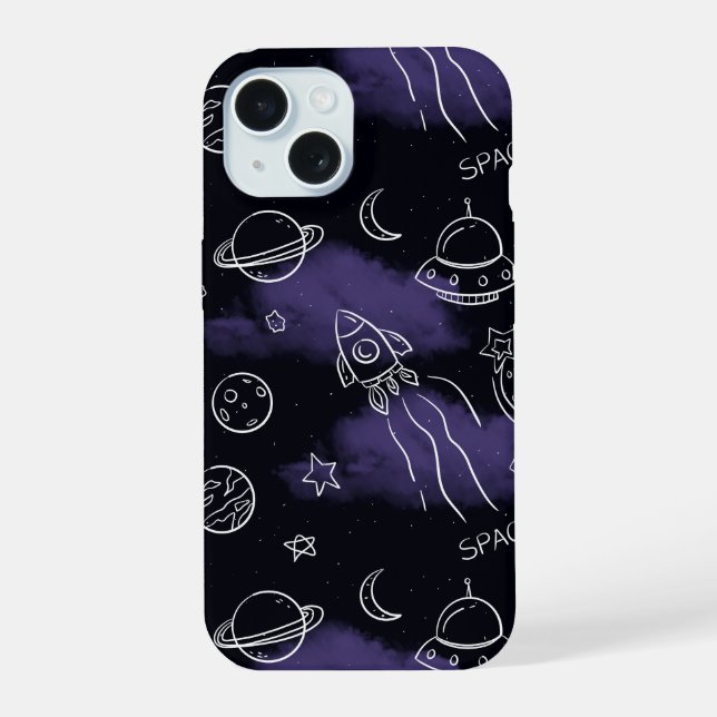 Whimsical Purple Outer Space Seamless Pattern iPhone 15 Case (Back)
