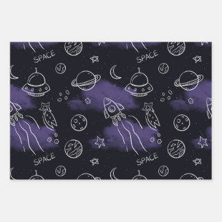 Whimsical Purple Outer Space Seamless Pattern Wrapping Paper Sheet