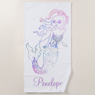 Whimsical Purple Pastel Rainbow Mermaid with Name Beach Towel