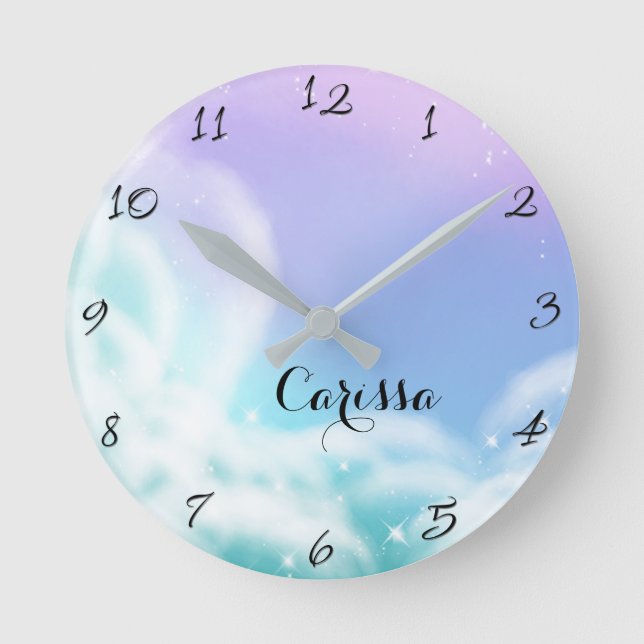 Whimsical Purple Pink Sparkle Clouds Cute Bedroom Round Clock (Front)