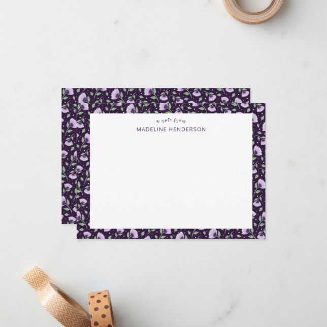 Whimsical Purple Sunflowers Dark Purple Monogram Card (Front/Back In Situ)