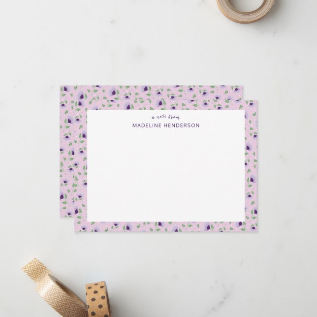 Whimsical Purple Sunflowers Light Pink Monogram Card (Front/Back In Situ)