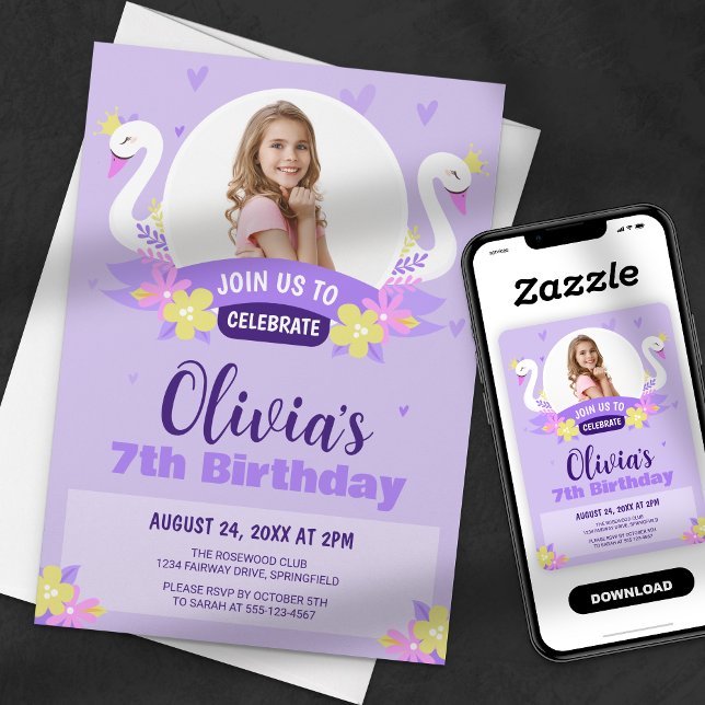 Whimsical Purple Swan Princess Photo Girl Birthday Invitation (Creator Uploaded)
