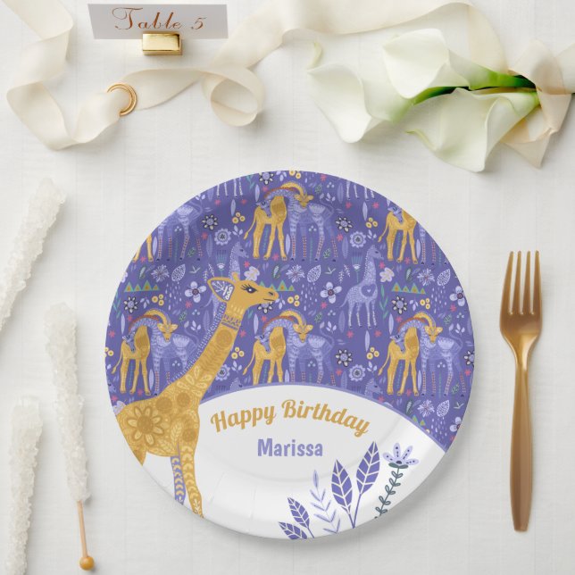 Whimsical Purple Teal Yellow Giraffes Birthday Paper Plate (Wedding)