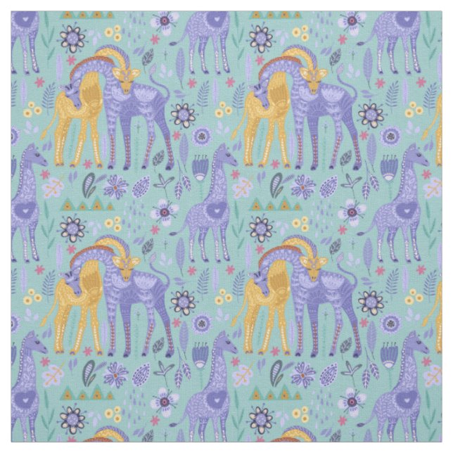 Whimsical Purple Teal Yellow Giraffes Monogram Fabric (Swatch)