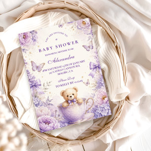 Whimsical Purple Teddy Bear Baby Shower Invitation