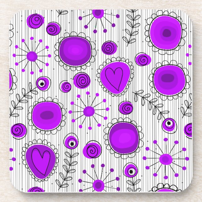 Whimsical purple white hearts and flowers floral coaster (Front)