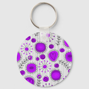 Whimsical purple white hearts and flowers floral key ring