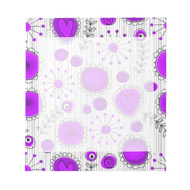 Whimsical purple white hearts and flowers floral notepad (Front)