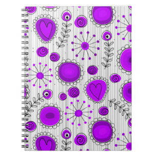 Whimsical purple white hearts and flowers floral spiral notebook