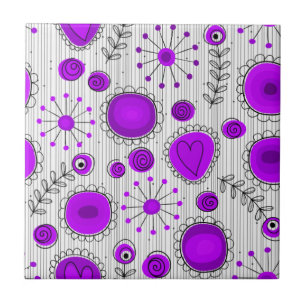 Whimsical purple white hearts and flowers floral tile