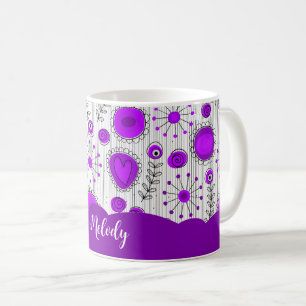 Whimsical purple white hearts flowers floral name coffee mug