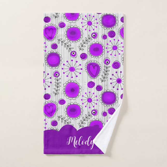 Whimsical purple white hearts flowers floral name hand towel (Hand Towel)