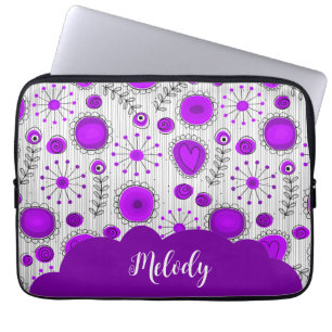 Whimsical purple white hearts flowers floral name laptop sleeve