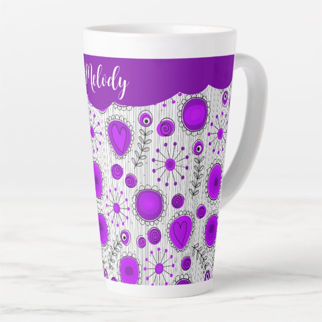 Whimsical purple white hearts flowers floral name latte mug (Right Angle)