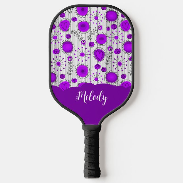 Whimsical purple white hearts flowers floral name pickleball paddle (Front)