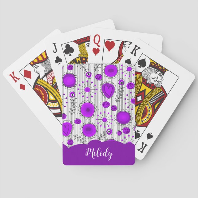 Whimsical purple white hearts flowers floral name playing cards (Back)