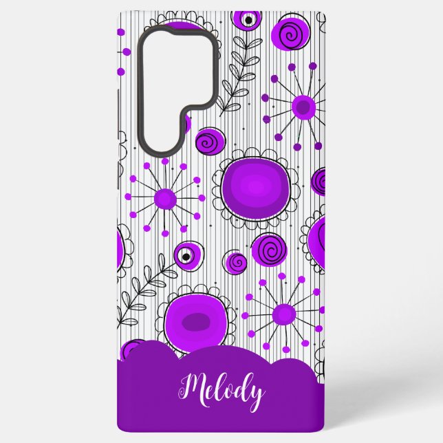 Whimsical purple white hearts flowers floral name samsung galaxy s22 ultra case (Back)