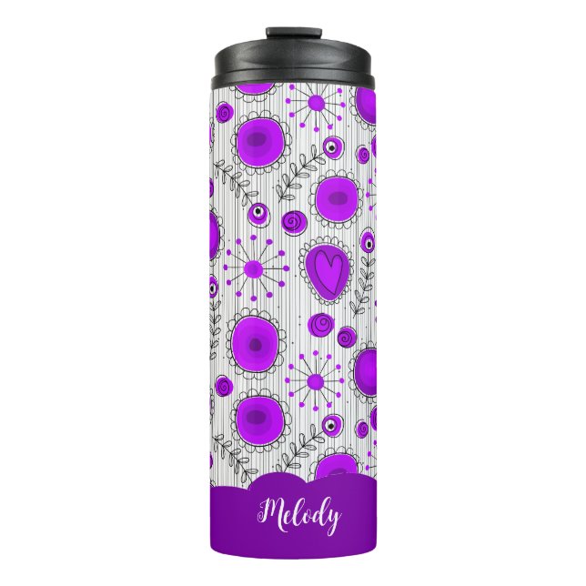 Whimsical purple white hearts flowers floral name thermal tumbler (Front)