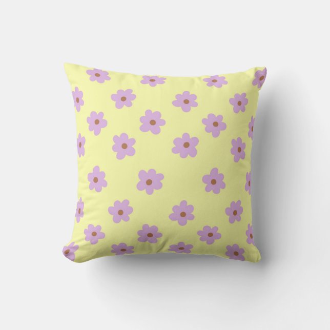 Whimsical Purple & Yellow Floral Retro, Cheerful, Cushion (Front)