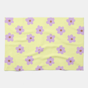 Whimsical Purple & Yellow Floral Retro Cheerful Tea Towel