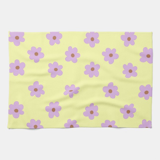 Whimsical Purple & Yellow Floral Retro Cheerful Tea Towel (Horizontal)