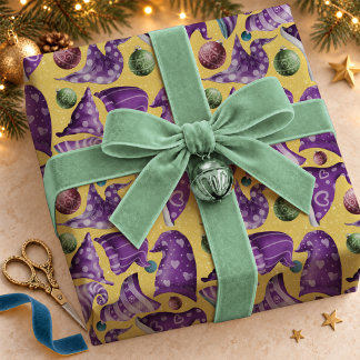 Whimsical Purple Yellow Retro Gnome Hat Pattern Wrapping Paper