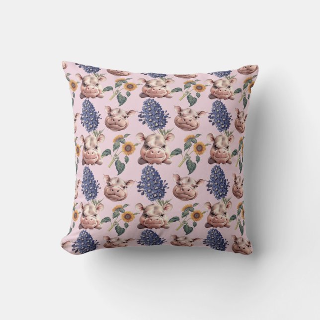Whimsical Pygmy Hippo & Floral Throw Pillow (Front)