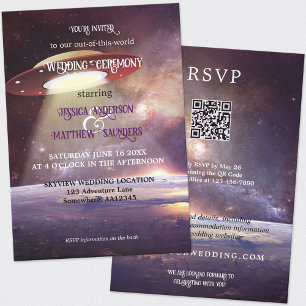 Whimsical QR Code Sci-fi UFO Space Wedding Invitation
