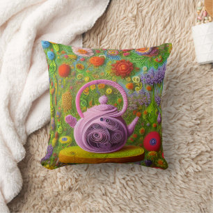 Whimsical Quilled Teapot Landscape  Cushion