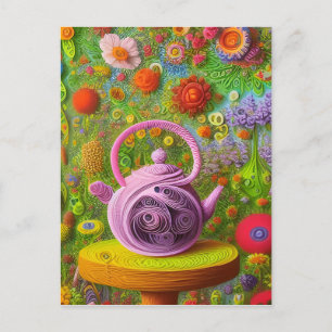 Whimsical Quilled Teapot Landscape Postcard