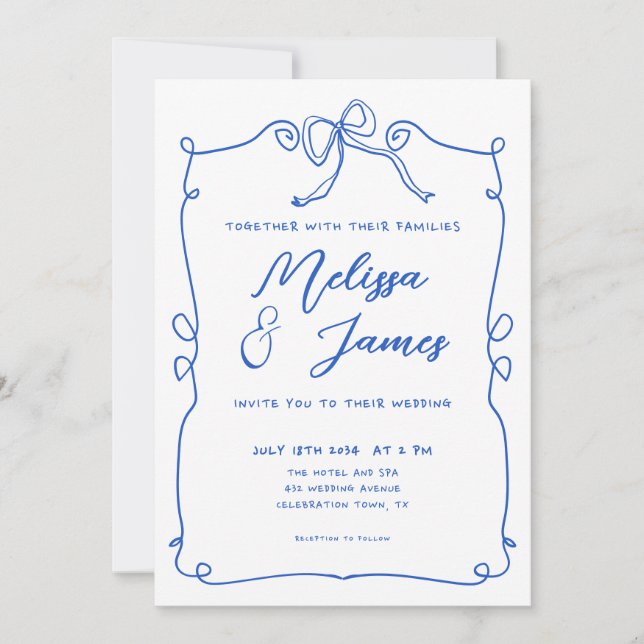 Whimsical Quirky Blue Hand Drawn Wedding Invitation (Front)